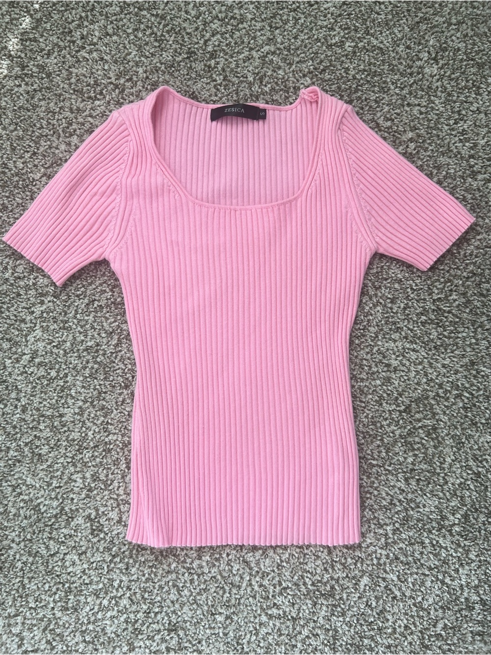 Zesica Pink Ribbed Scoop-Neck Short Sleeve Top